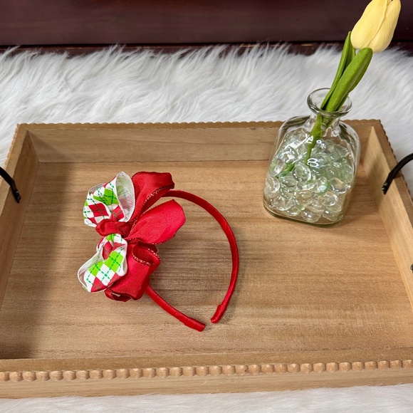 Girls Red & Green Argyle Christmas Bow Headband | Layered Bow Headband - Picture 2 of 9
